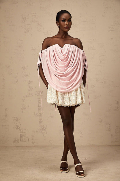 A pink offshoulder top with ruched detailing named Quintina