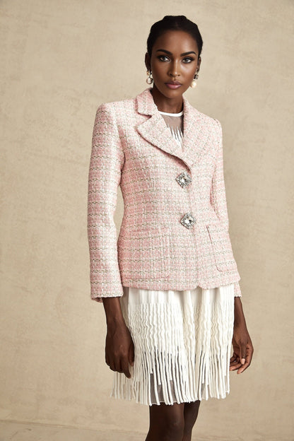 A pink blazer with a crystal checked tweed pattern featuring a tailored fit and classic silhouette