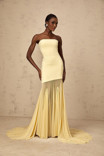 A woman wearing a long yellow offshoulder maxi dress made of sheer tulle fabric posing against a plain background