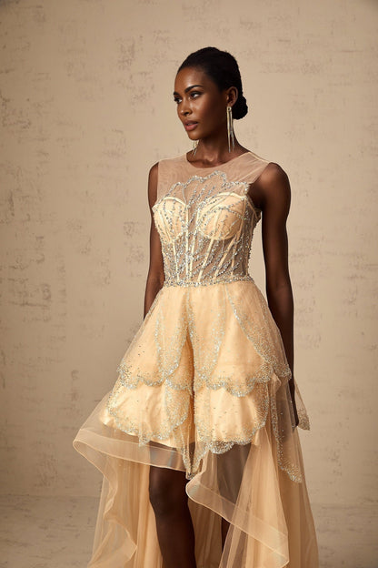A champagne colored floorlength gown with a highlow hemline featuring daisy embellishments and a flowy silhouette