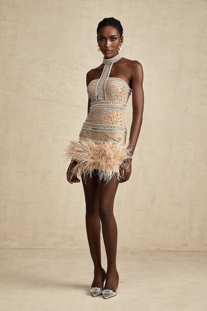 A short sleeveless mini dress adorned with crystal embellishments and featuring feather trim along the hemline
