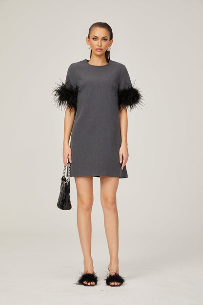 Eulalie grey feathertrim Aline mini dress