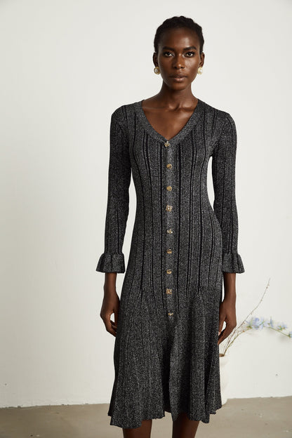 Ophélie black flounced metallic midi dress