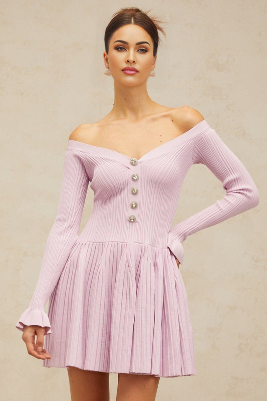 A light purple offshoulder mini dress with ribbed knit fabric featuring a formfitting silhouette and short length