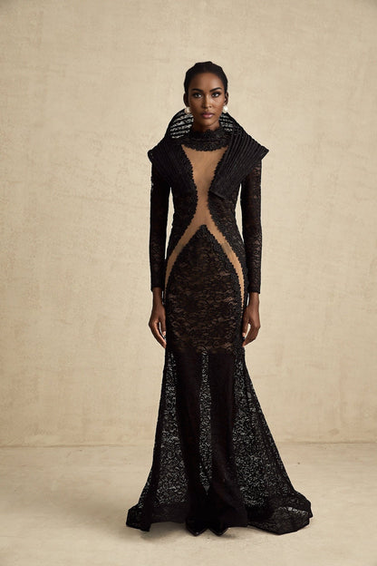 A black structured maxi dress with a fishtail silhouette and split detail named Inès