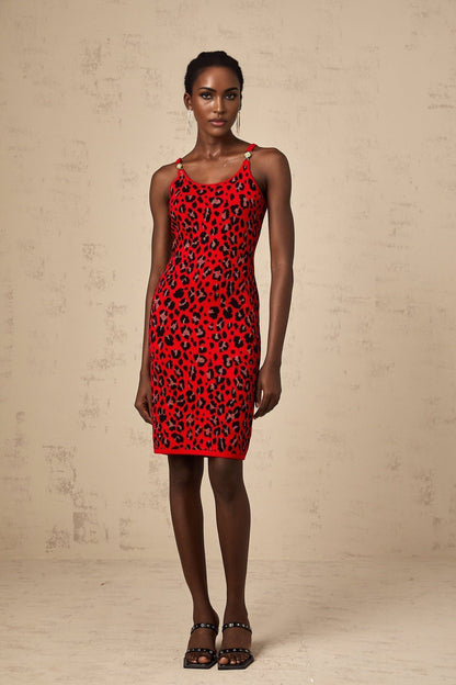A red mini dress with a leopard print pattern made from shimmering lurex fabric