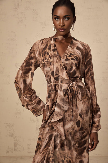 A brown midi dress with leopard print pattern and ruffled details named Sidonie
