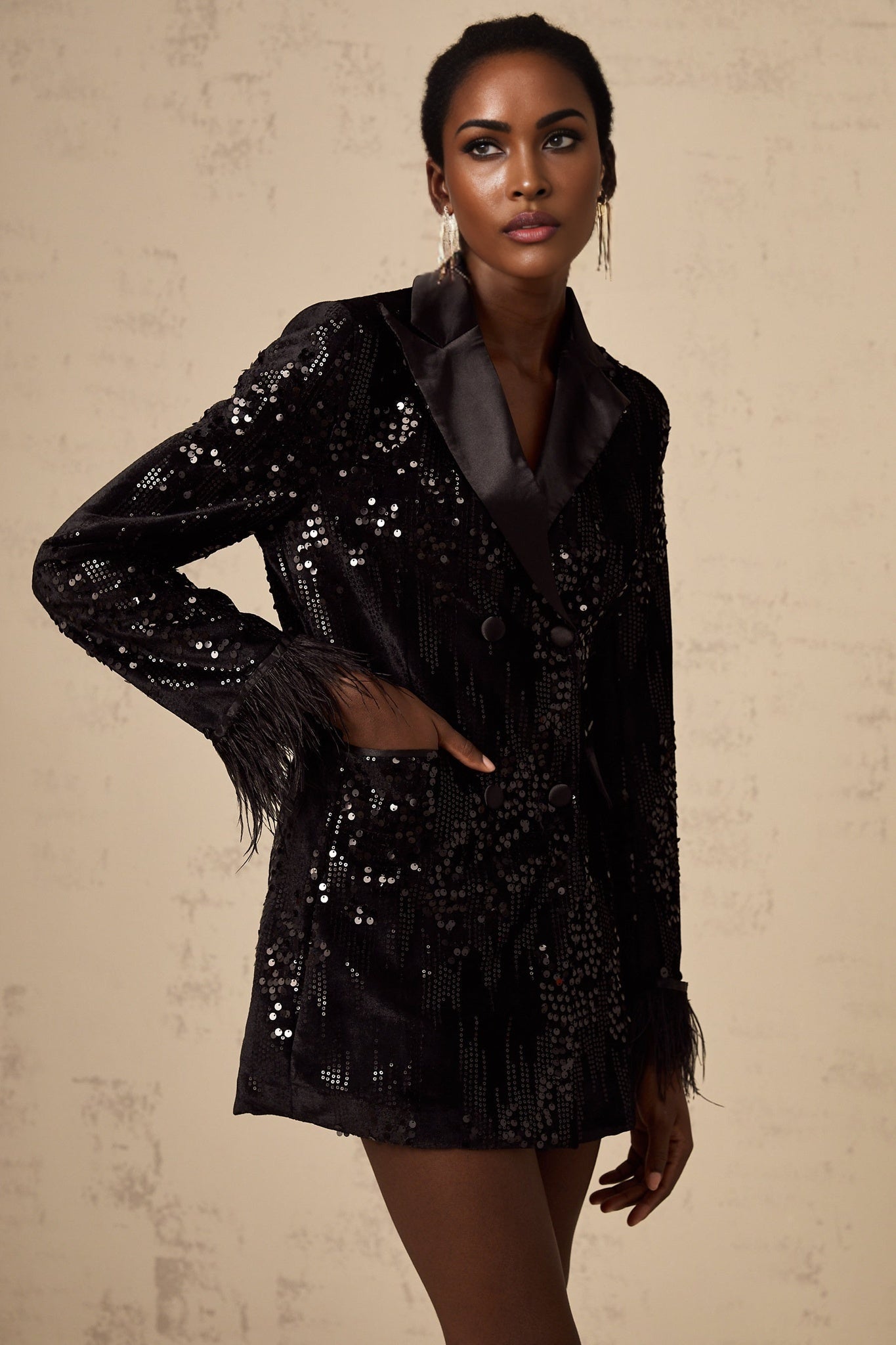 A black blazer adorned with sequins and trimmed with feathers named Ariane