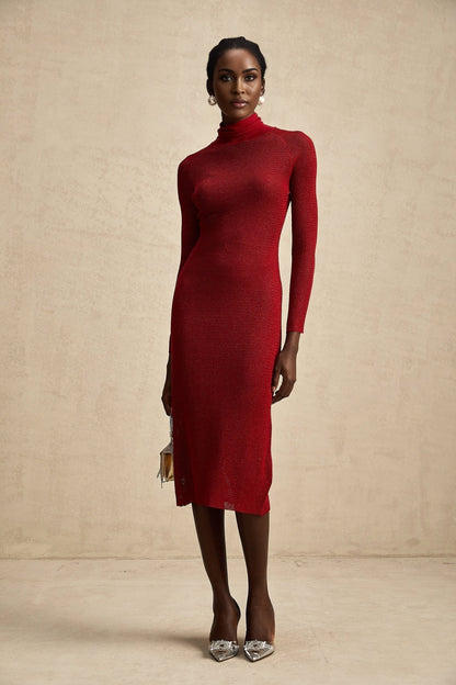 A red metallic midi dress with pointelle knit detailing and a formfitting silhouette