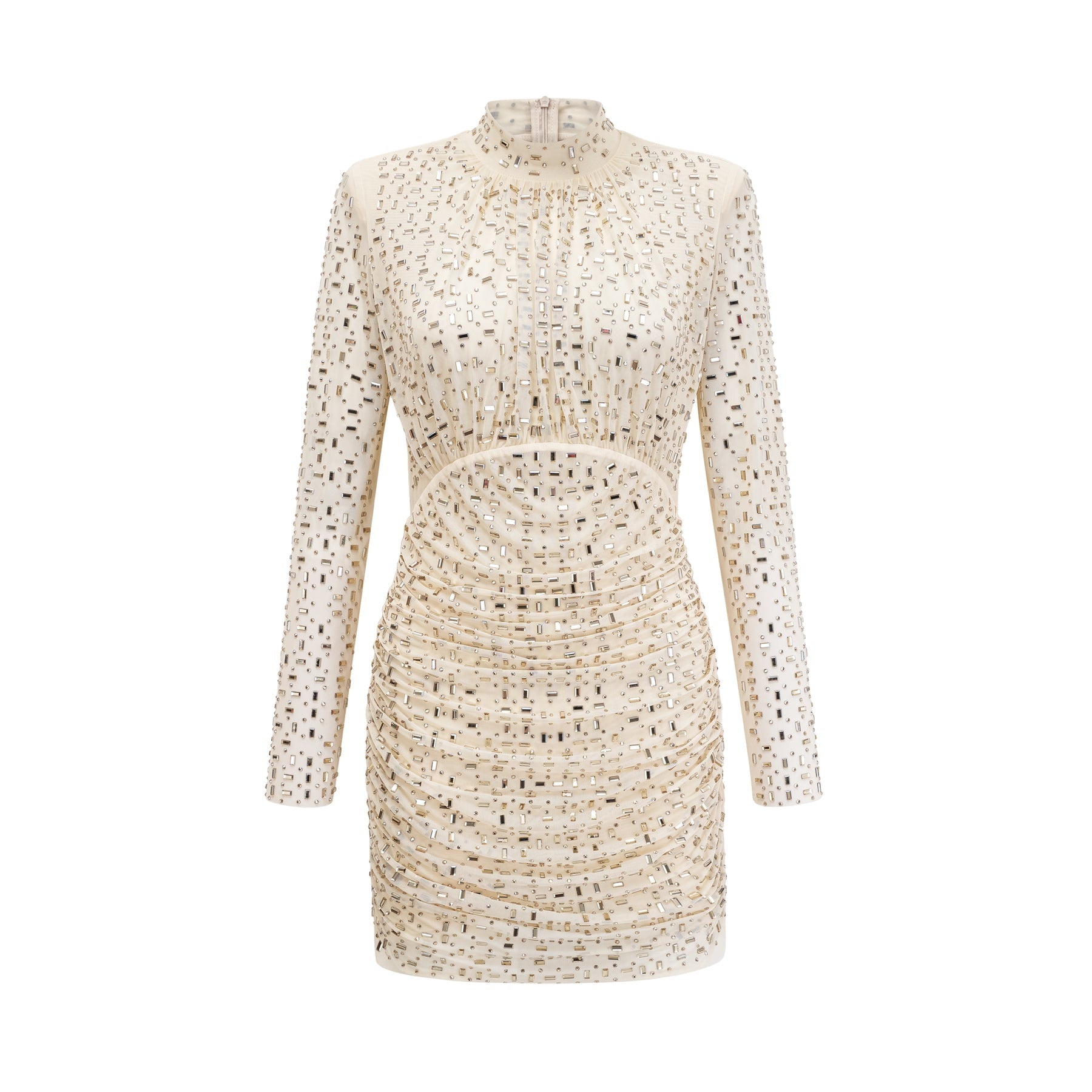 A short sleeveless mini dress with crystal embellishments and draped fabric detail