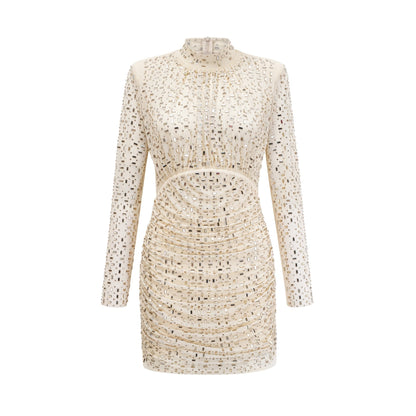 A short sleeveless mini dress with crystal embellishments and draped fabric detail