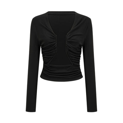 A black sleeveless top with an open front design and gathered fabric details