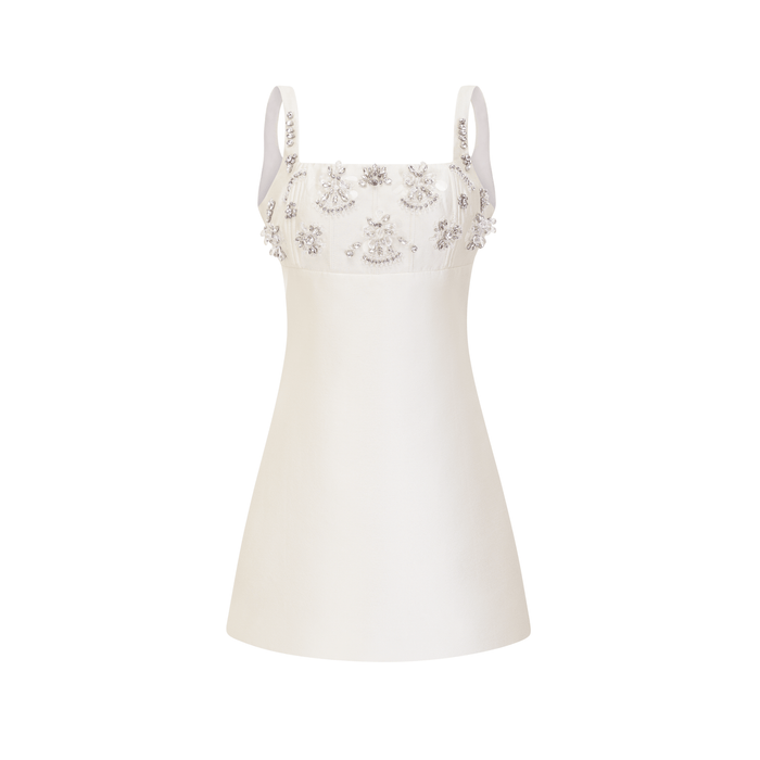 Maisie Mini Kleid Weiß Kristallverziertes Quadratischer Ausschnitt Glitzer
