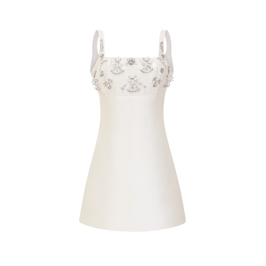 Maisie Mini Kleid Weiß Kristallverziertes Quadratischer Ausschnitt Glitzer