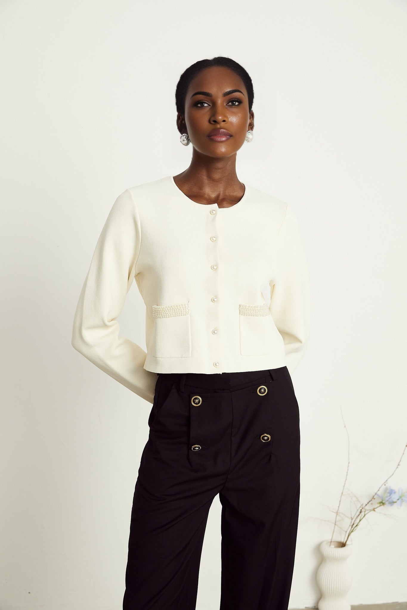 Aurore beige fauxpearl cardigan