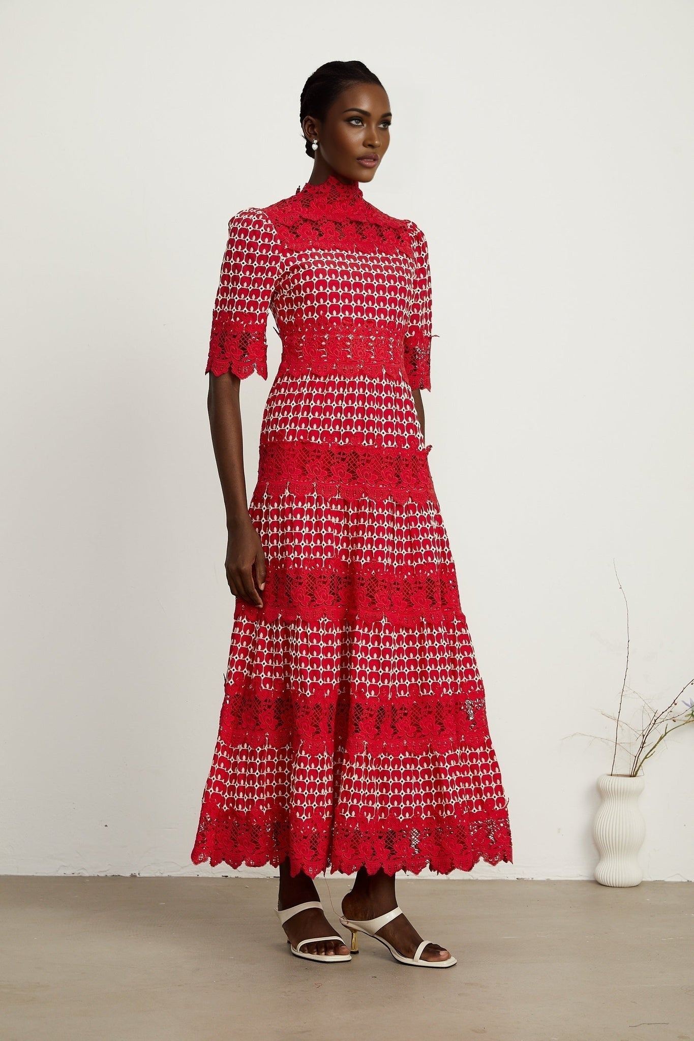 Chantal red scalloppattern lacepanel maxi dress