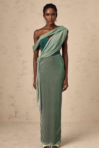 A green maxi dress with a corsetstyle top featuring a ribbon design named Delphine