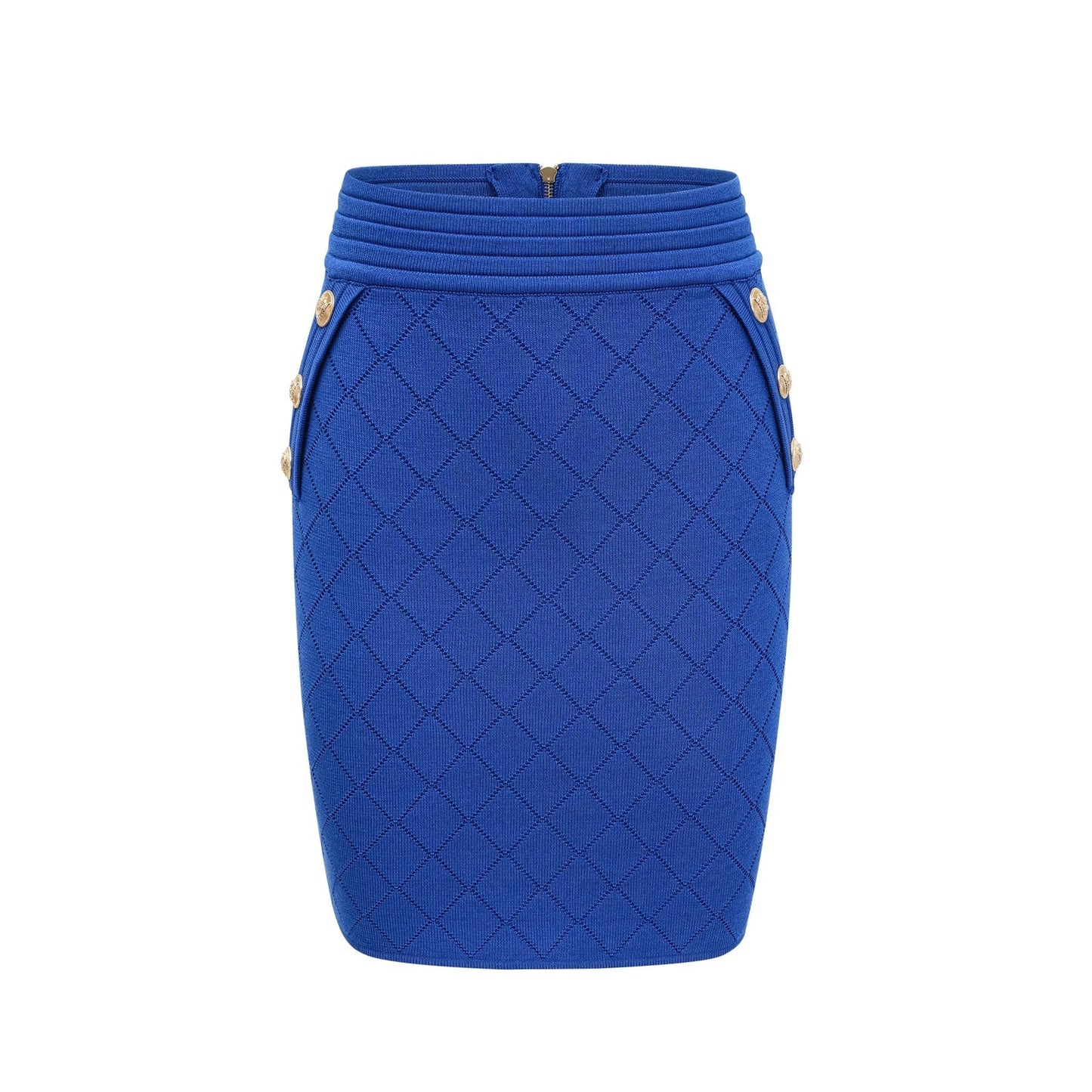Young woman wearing a blue knitted two piece outfit consisting of a long sleeve top with button details and a matching skirt