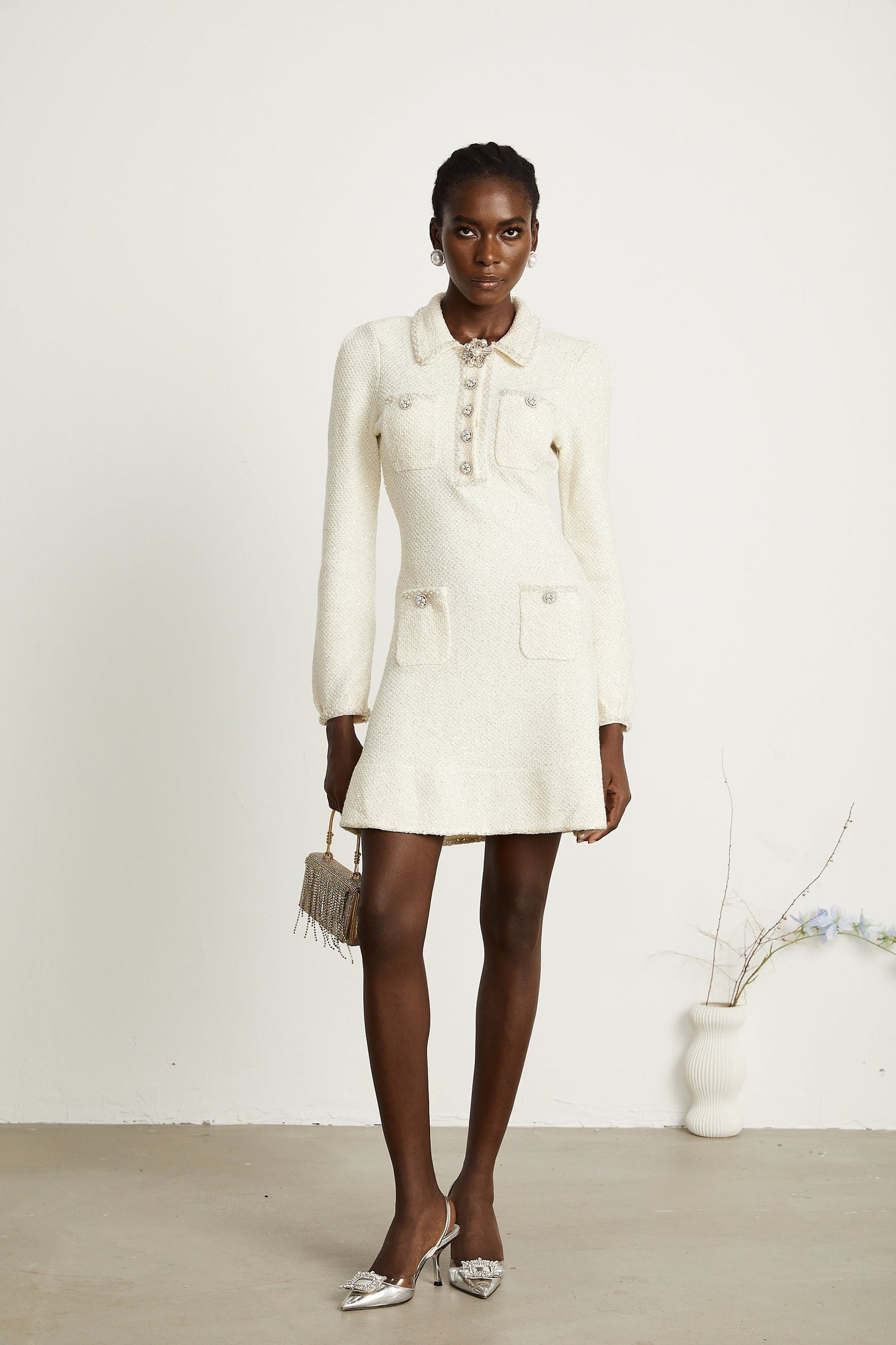 Auréliey white sequined tweed mini dress