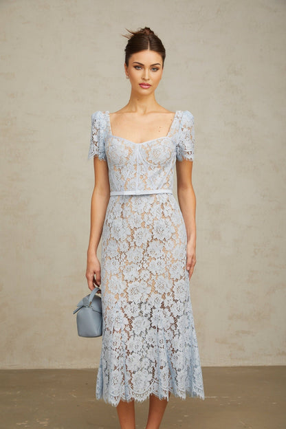 A blue midi dress with floral lace pattern and boned bodice named Audrey