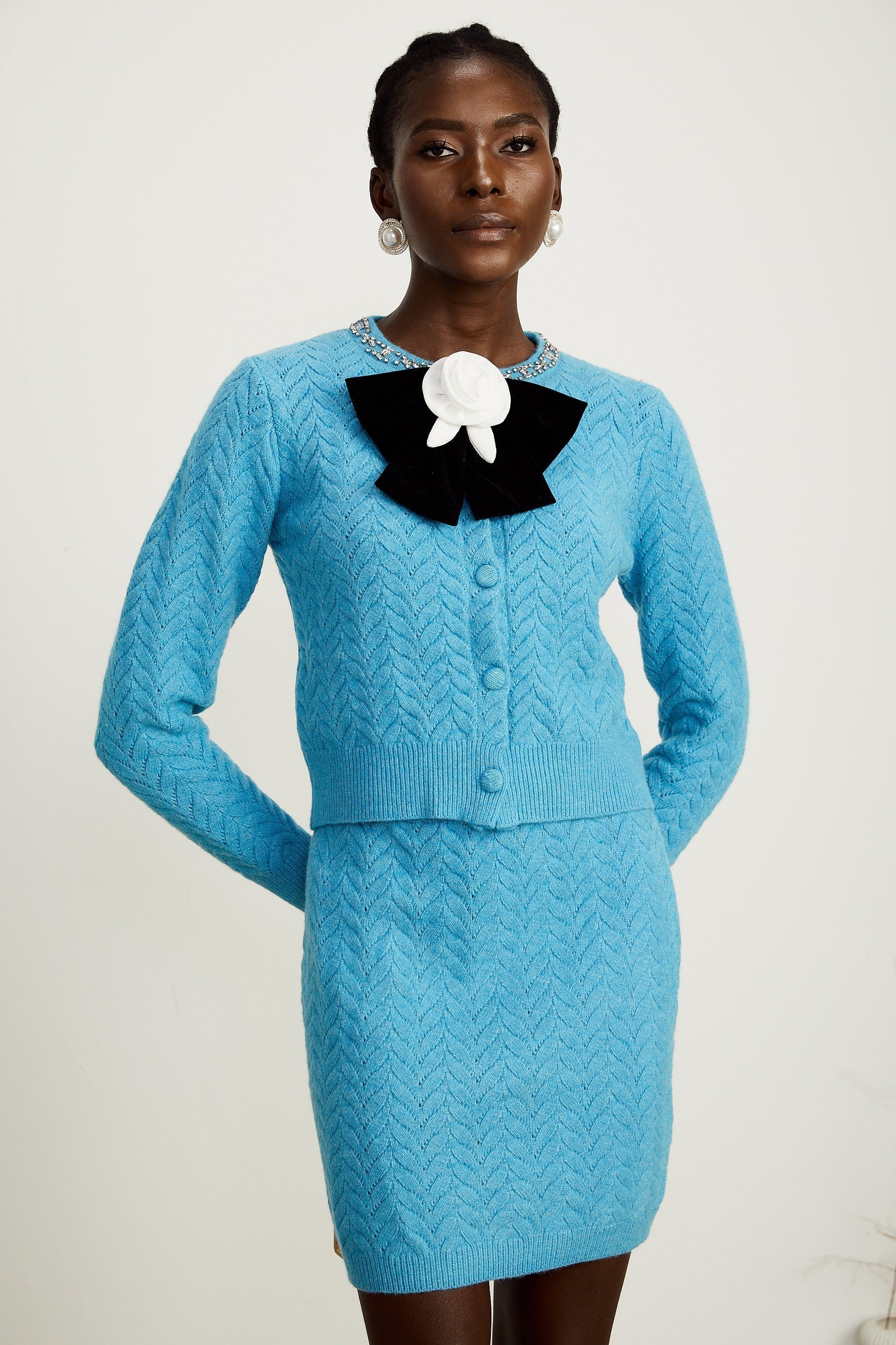 Aliénor blue knitted embellished cardigan  skirt matching set
