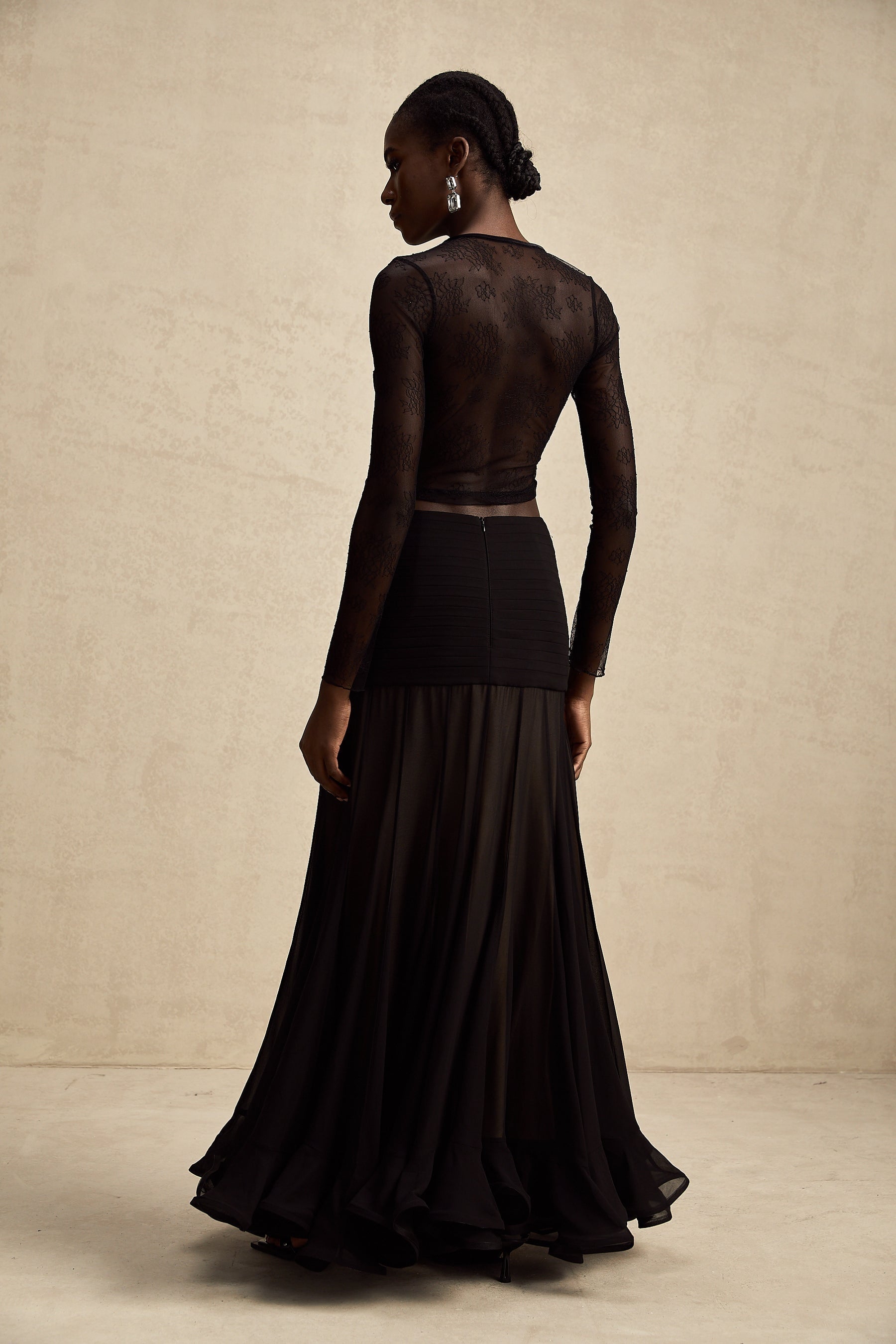 Black sheer cropped top with lace trim detail named Aurelie
