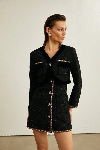 Cécile black tweed cardigan  dress matching set
