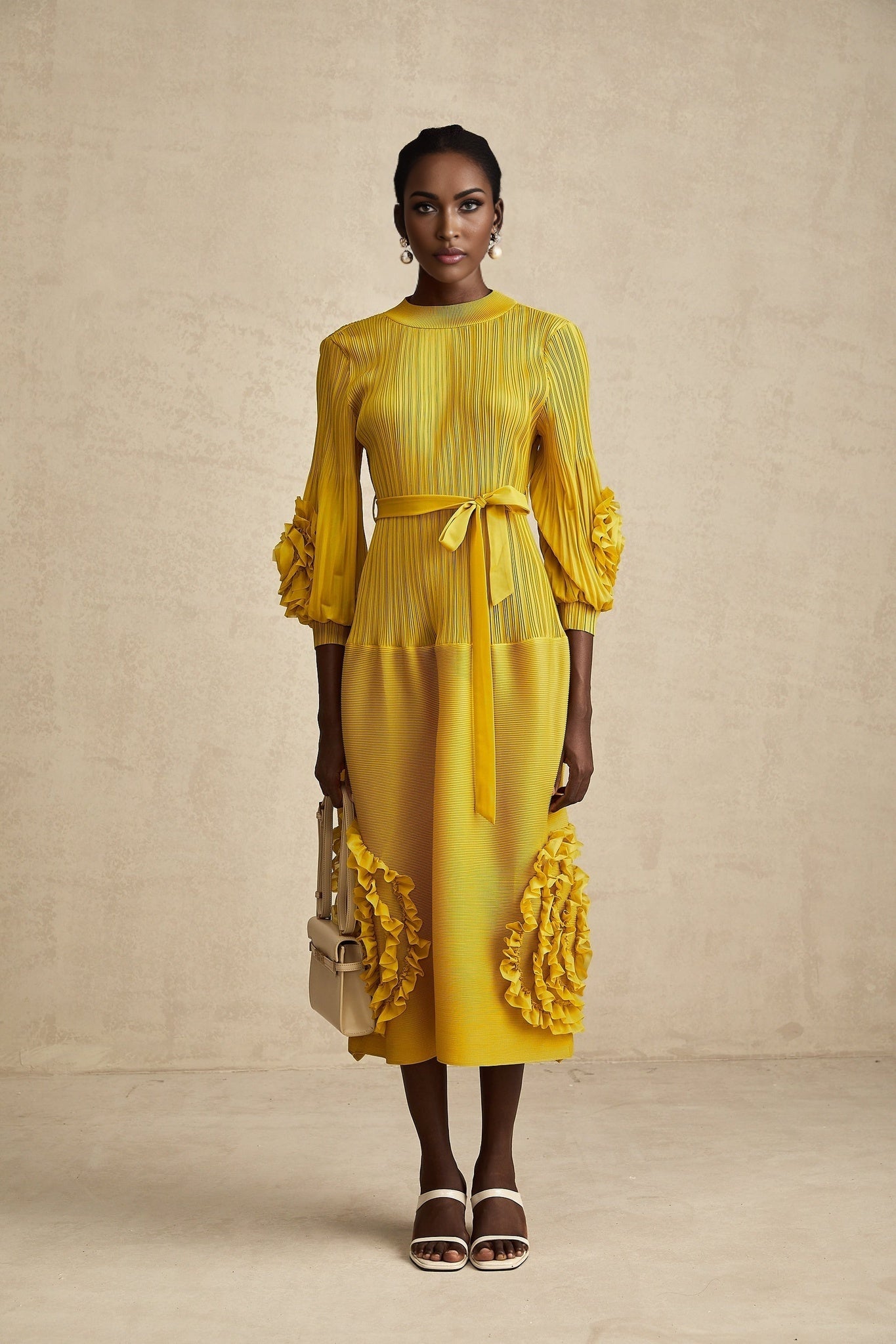 Aïda yellow 3dpetal ruffled midi dress