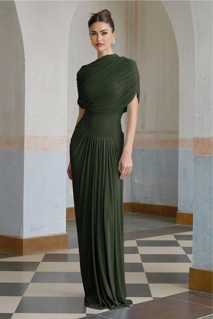 Green asymmetric pleated maxi dress named Catherine
