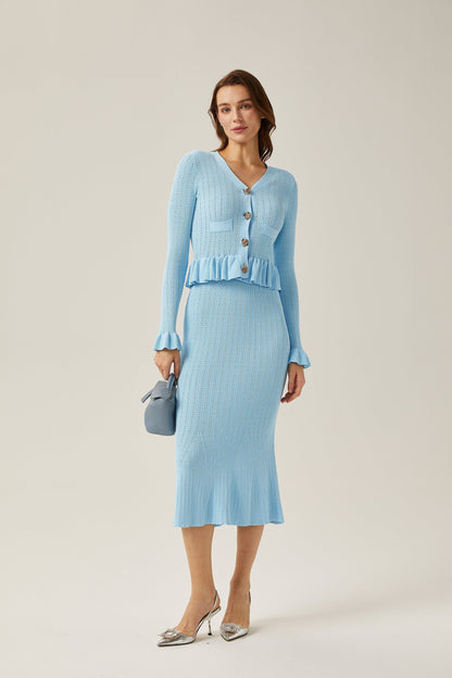 Gabrielle blue flared knitted top  skirt matching set