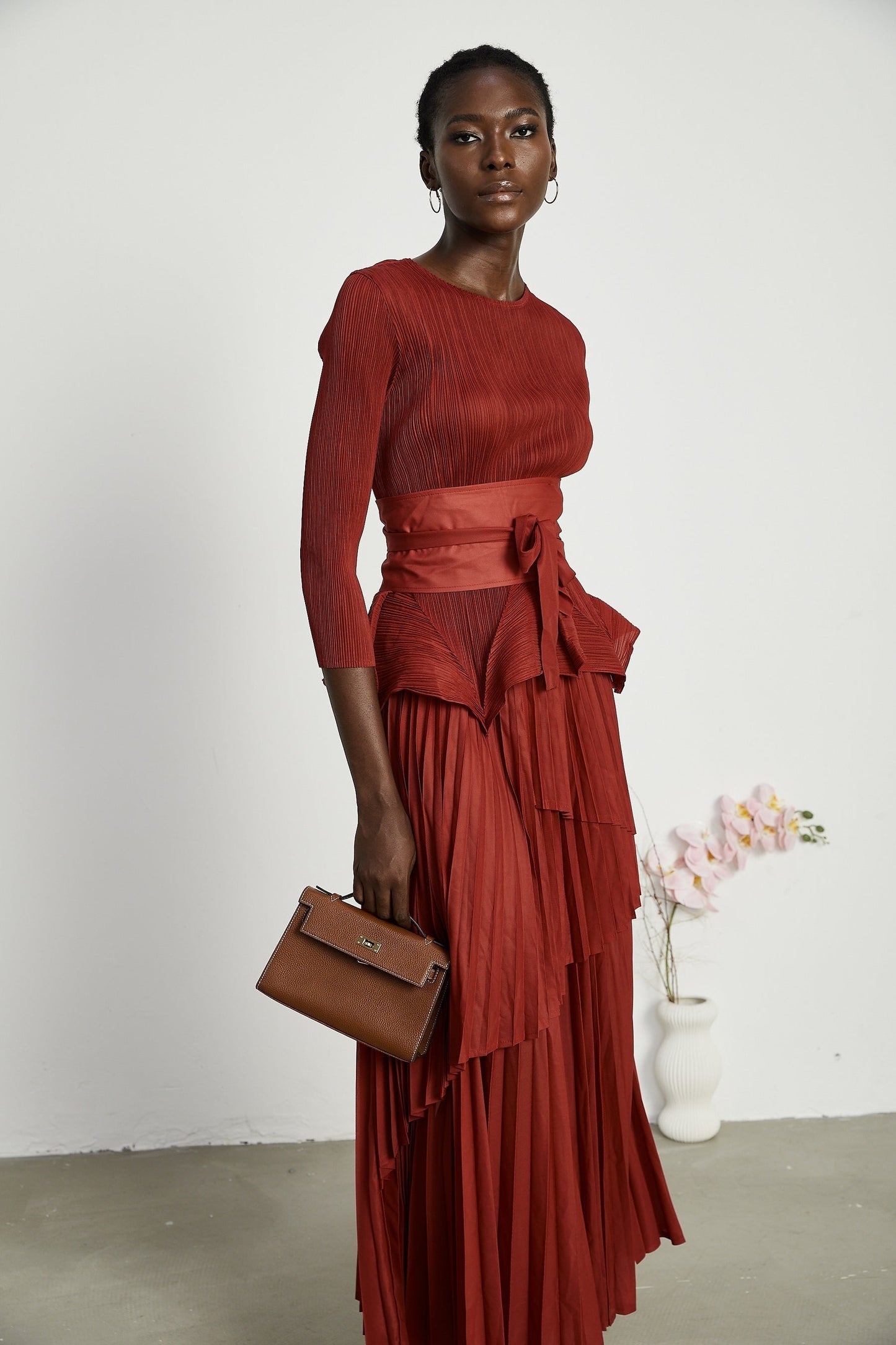 Margaux bowtie embellished pleated top  skirt matching set