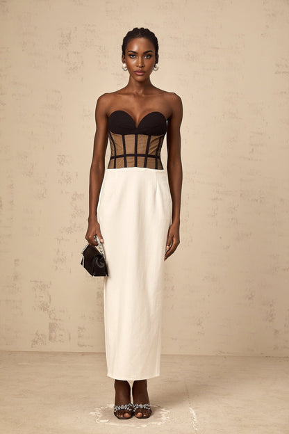 A long sheer maxi dress with a corset style bodice featuring contrasting colors and a flowing skirt