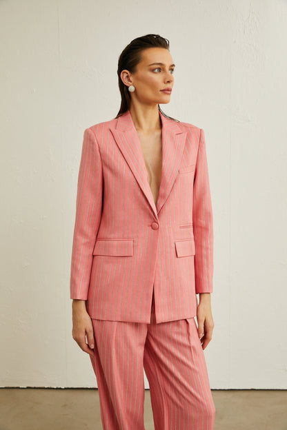 Sarah pink striped embellished jacket  trousers matching set