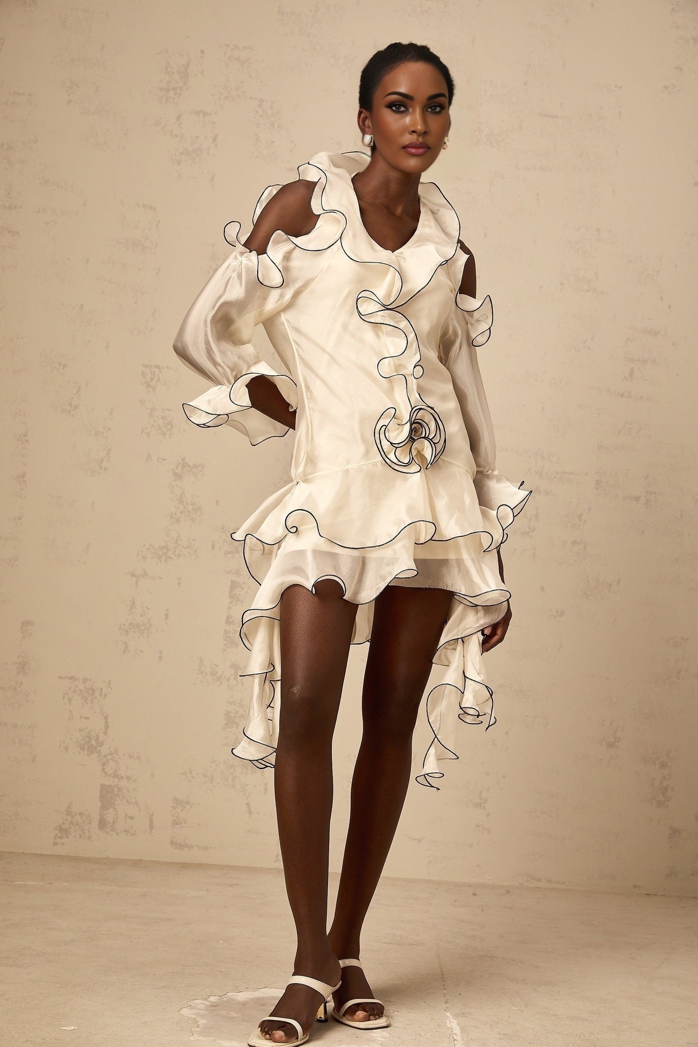 White mini dress with ribbon details and flounced design named Tiphaine