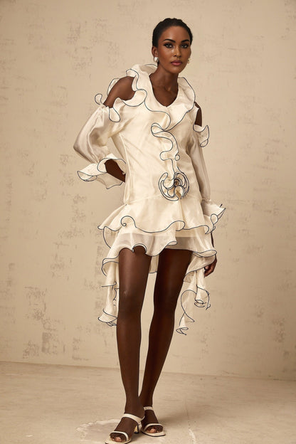 White mini dress with ribbon details and flounced design named Tiphaine