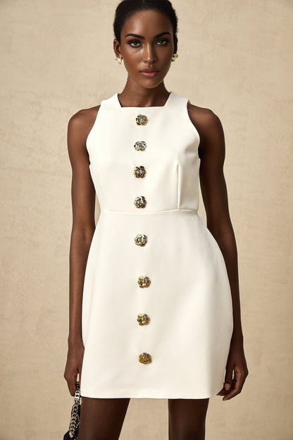 Weißes Minikleid mit Puffärmeln und Blumenmuster namens Adrielle