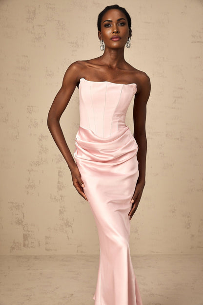 A pink offshoulder maxi dress with a flowing silhouette named Aurore