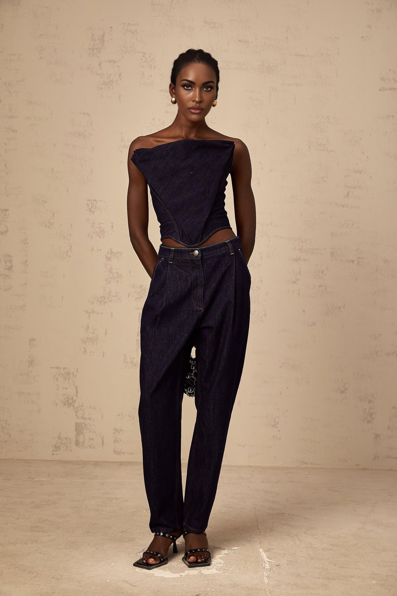 Dark blue off shoulder denim top with Kleber branding