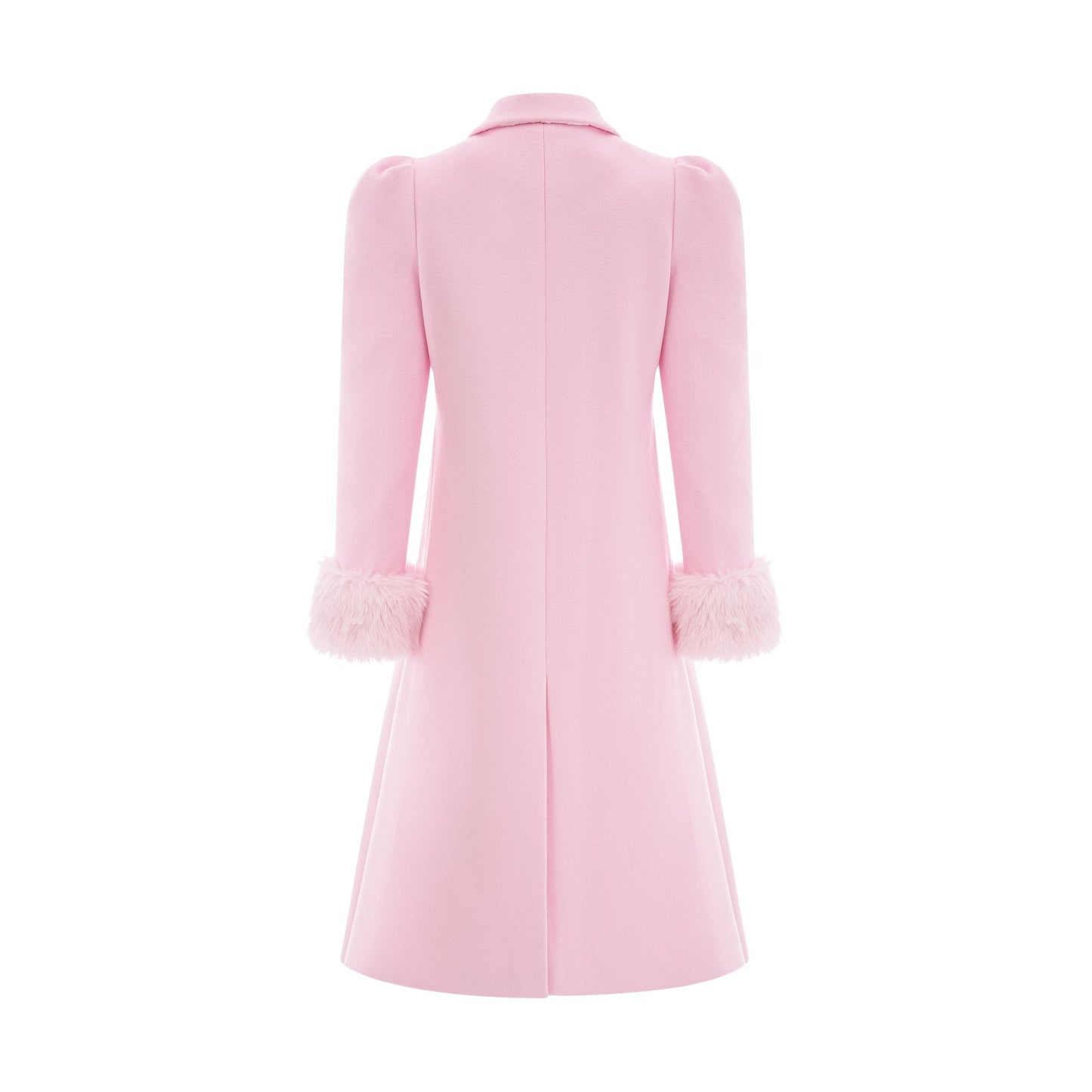 A pink overcoat made of faux fur with a luxurious fluffy texture and long sleeves called Louisette