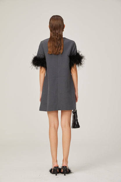 Eulalie grey feathertrim Aline mini dress