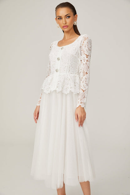 Gabrielle white peplumwaist tulle midi dress