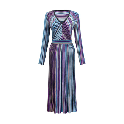 A blue metallic pleated midi dress with a flowy silhouette named Mathilde