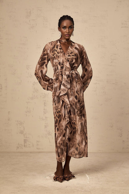 A brown midi dress with leopard print pattern and ruffled details named Sidonie