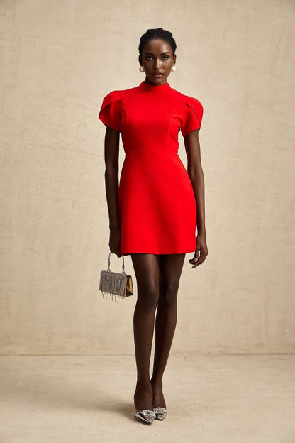 Anna red petalsleeve cutout bow mini dress