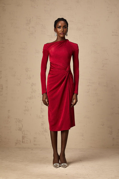 Monica red midi dress with high slit and gathered details