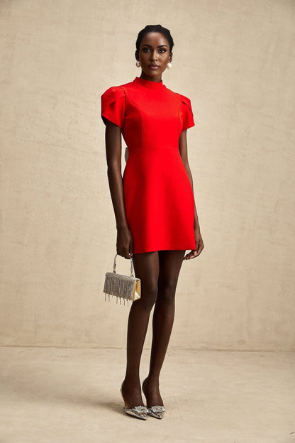 Anna red petalsleeve cutout bow mini dress