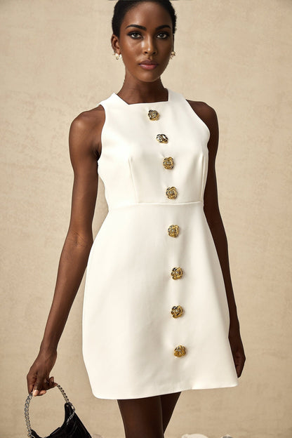 Adrielle white floral puff sleeve mini dress on model against plain background