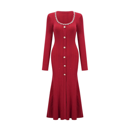Anaxarete red embellished knitted midi dress