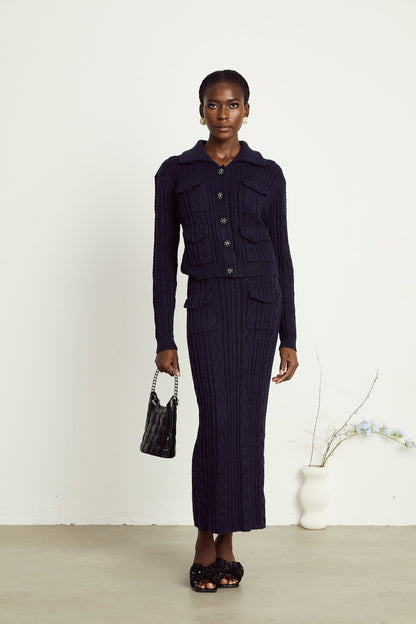 Capucine navyblue knit jacket  skirt matching set
