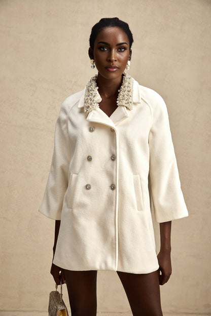 A white woolen coat with embellishments named Fabienne